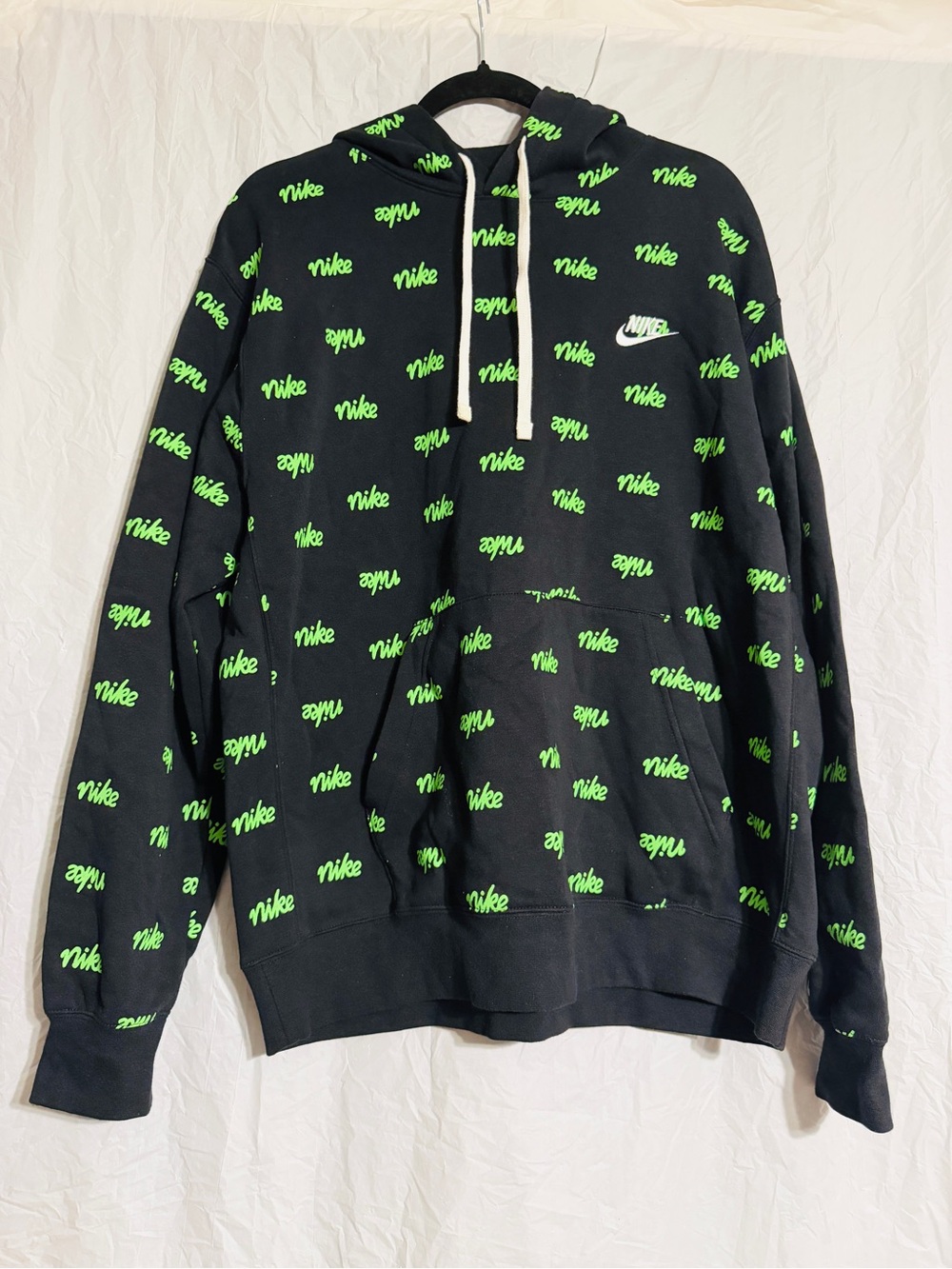 Nike Men’s Large All Over Logo Pullover Hoodie Black Neon Green Swoosh